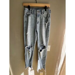 American Eagle Light Wash Distressed Ripped Raw Hem Mom Jeans